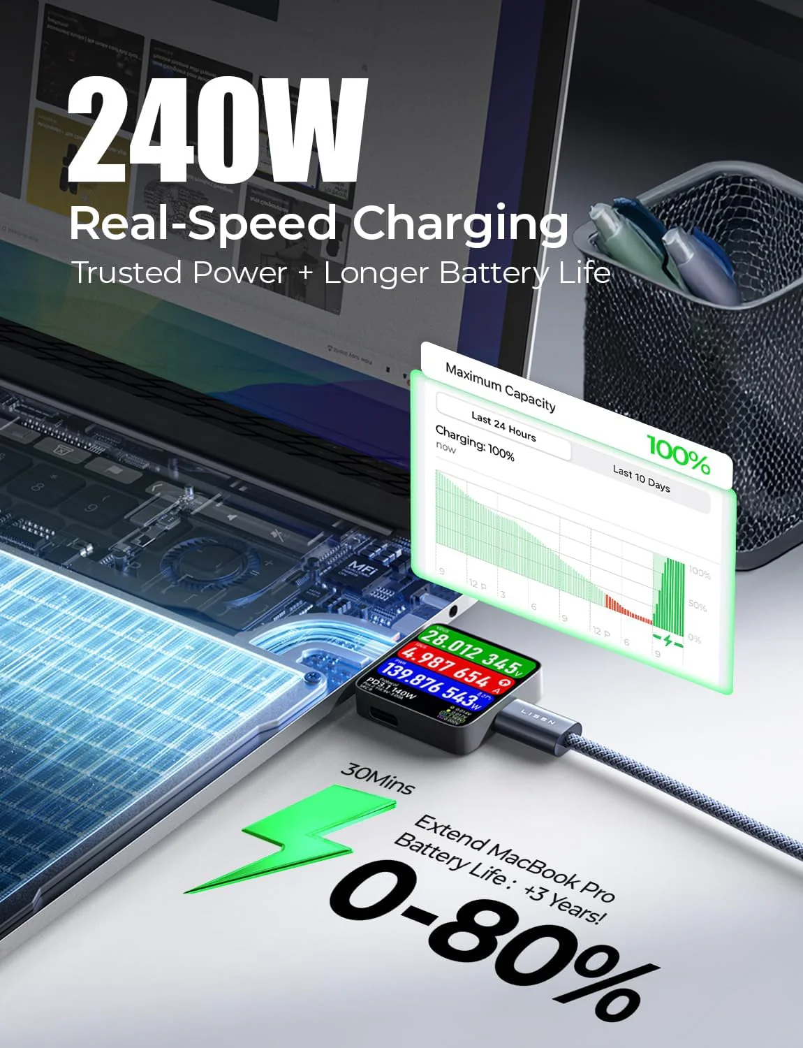 LISEN 2 Pack 240W USB C to USB C Cable 3M Charger Cable Grey - Image 4