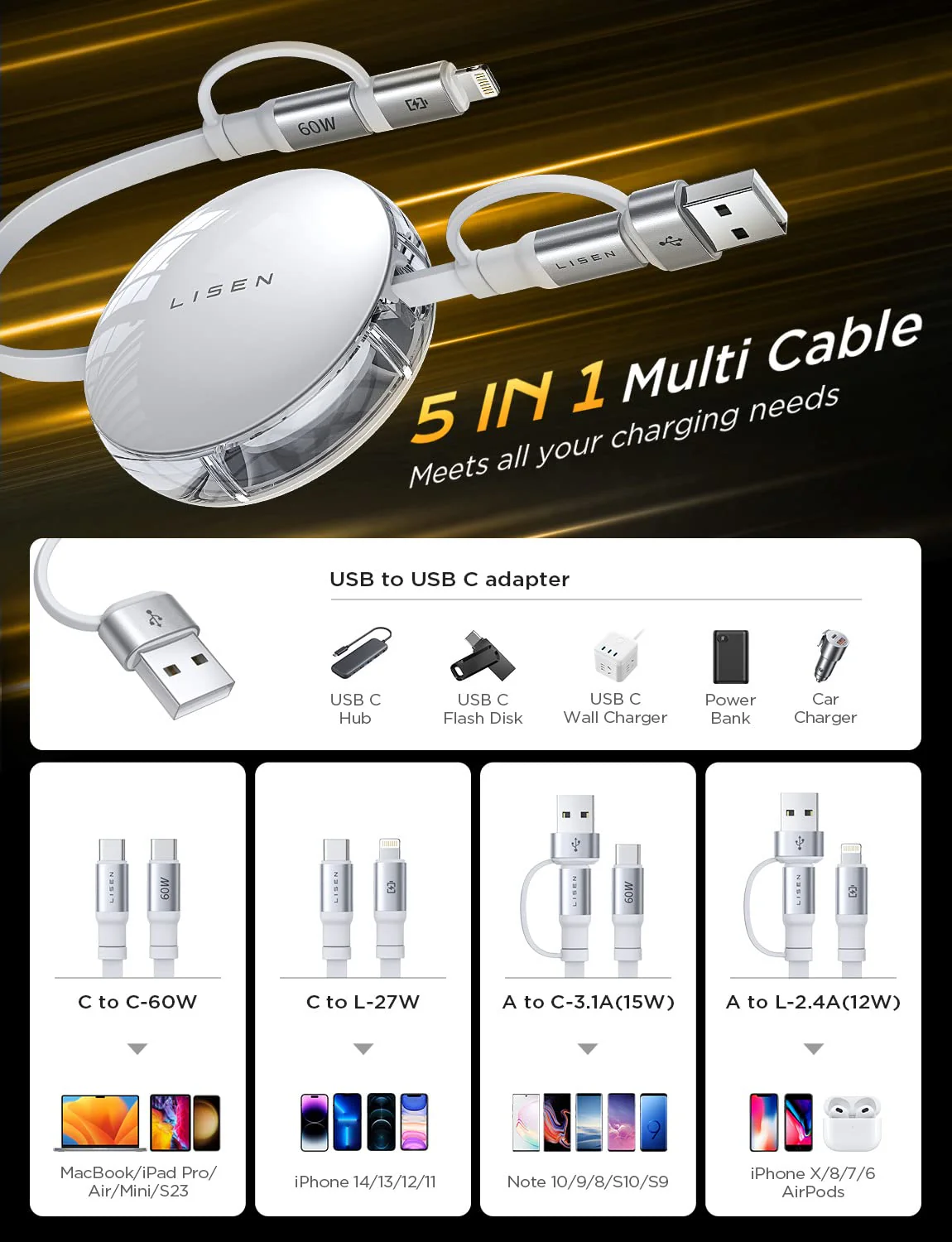 LISEN 3-in-1 Retractable Charging Cable - Image 3