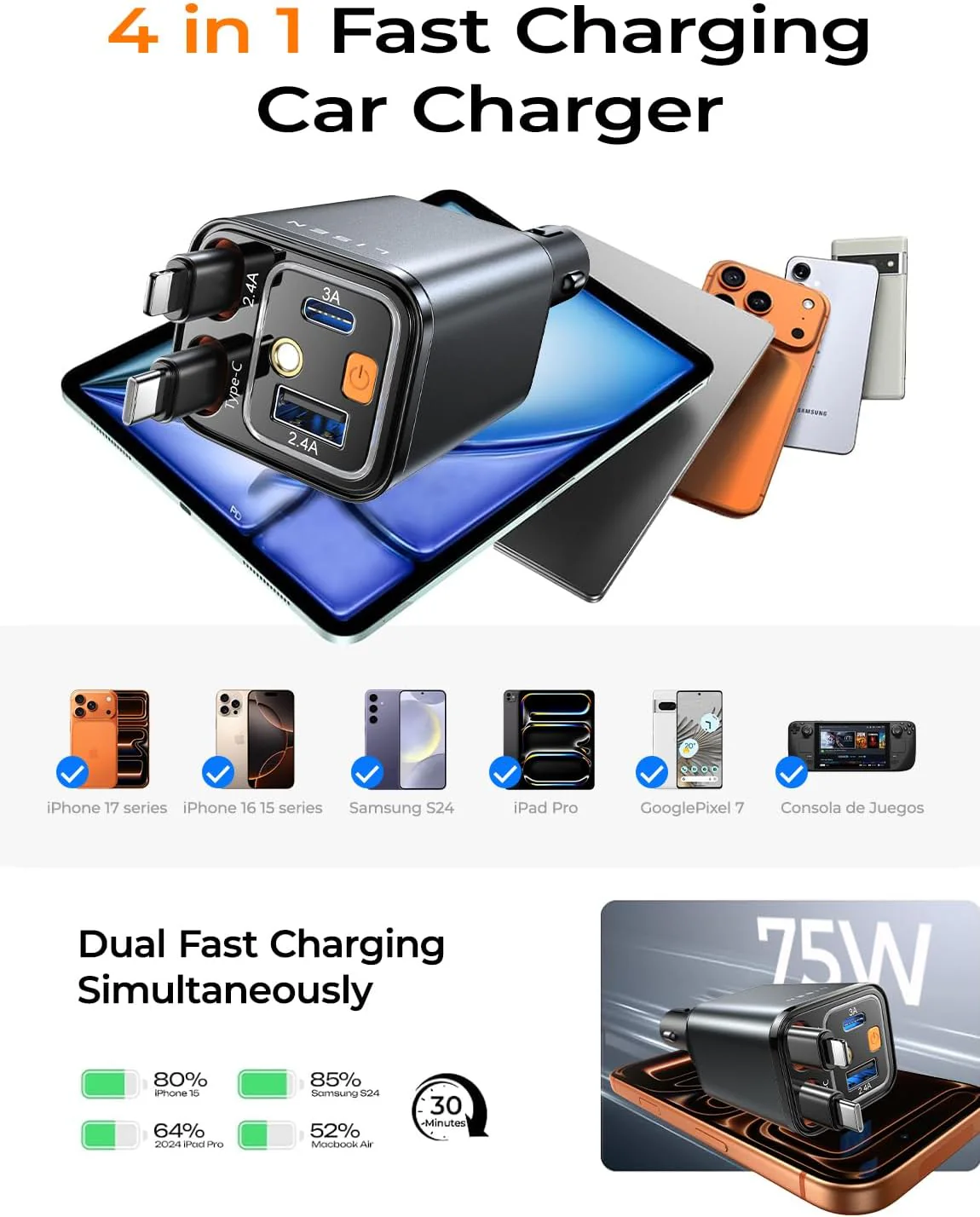 LISEN 4 in 1 Starlight Retractable Car Charger, 75W USB C Cigarette Adapter Fast Charging - Image 5