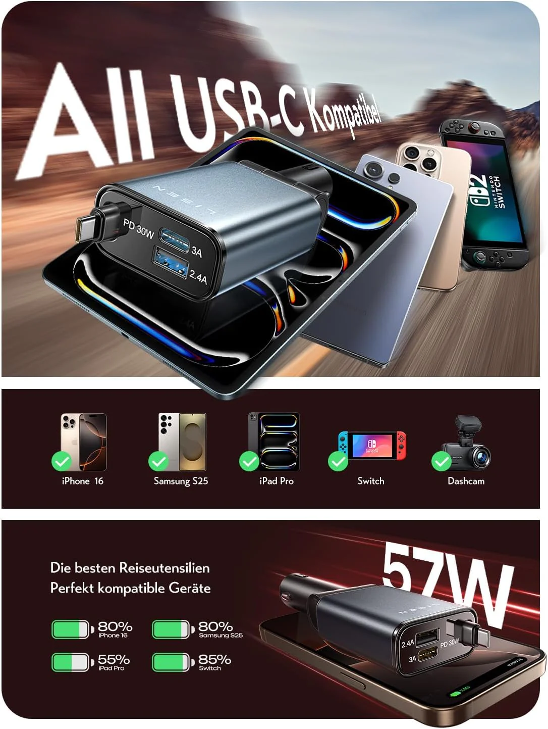 LISEN 57 W Cigarette Lighter USB C 3 in 1 Car Charger - Image 6