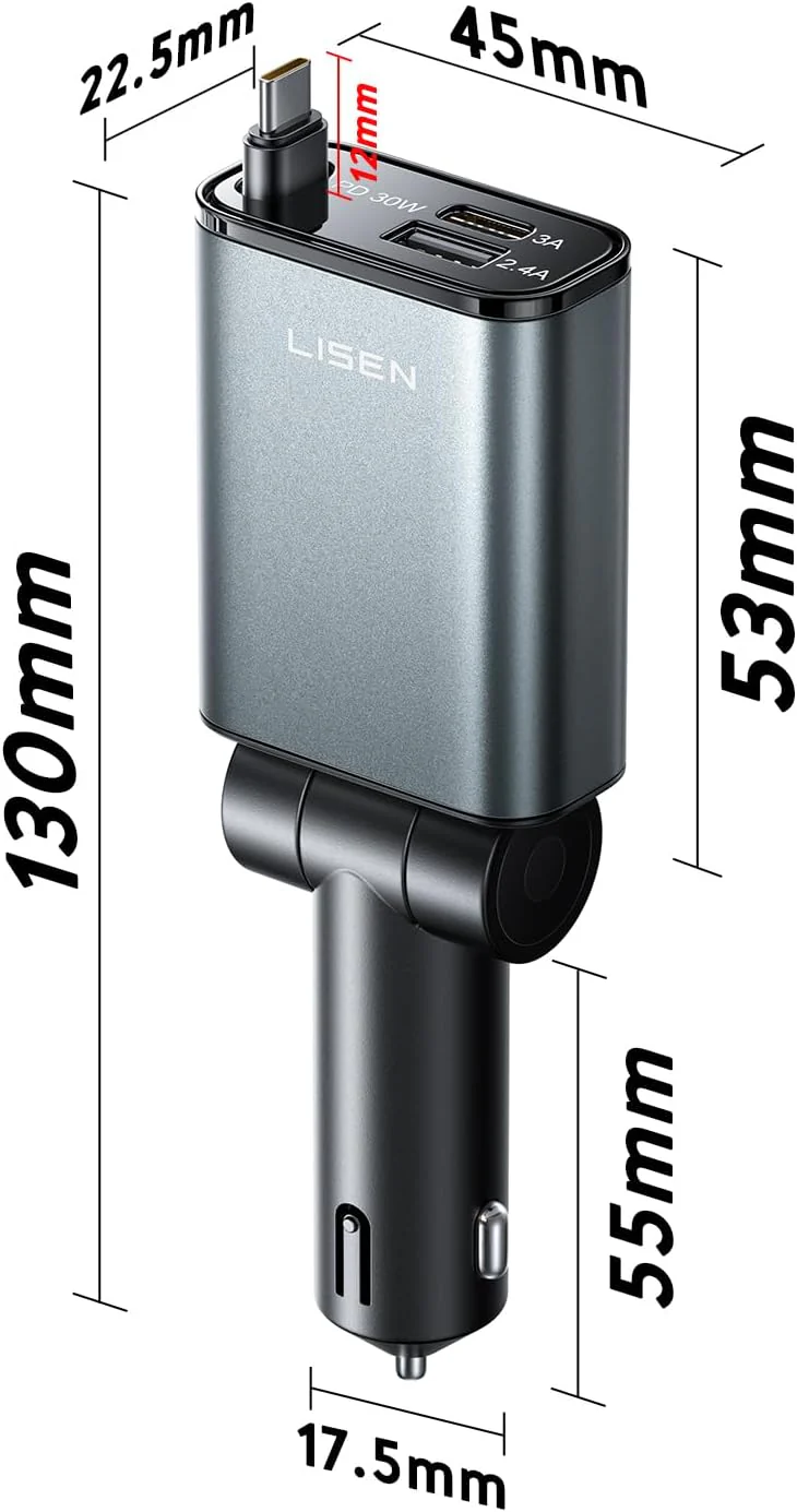 LISEN 57 W Cigarette Lighter USB C 3 in 1 Car Charger - Image 8