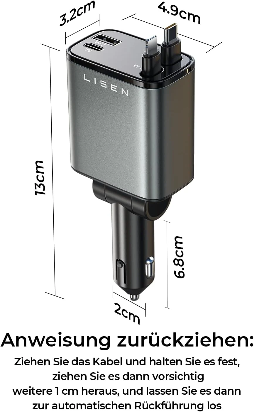 LISEN 84 W Cigarette Lighter USB C Retractable Car Charger Adapter - Image 9
