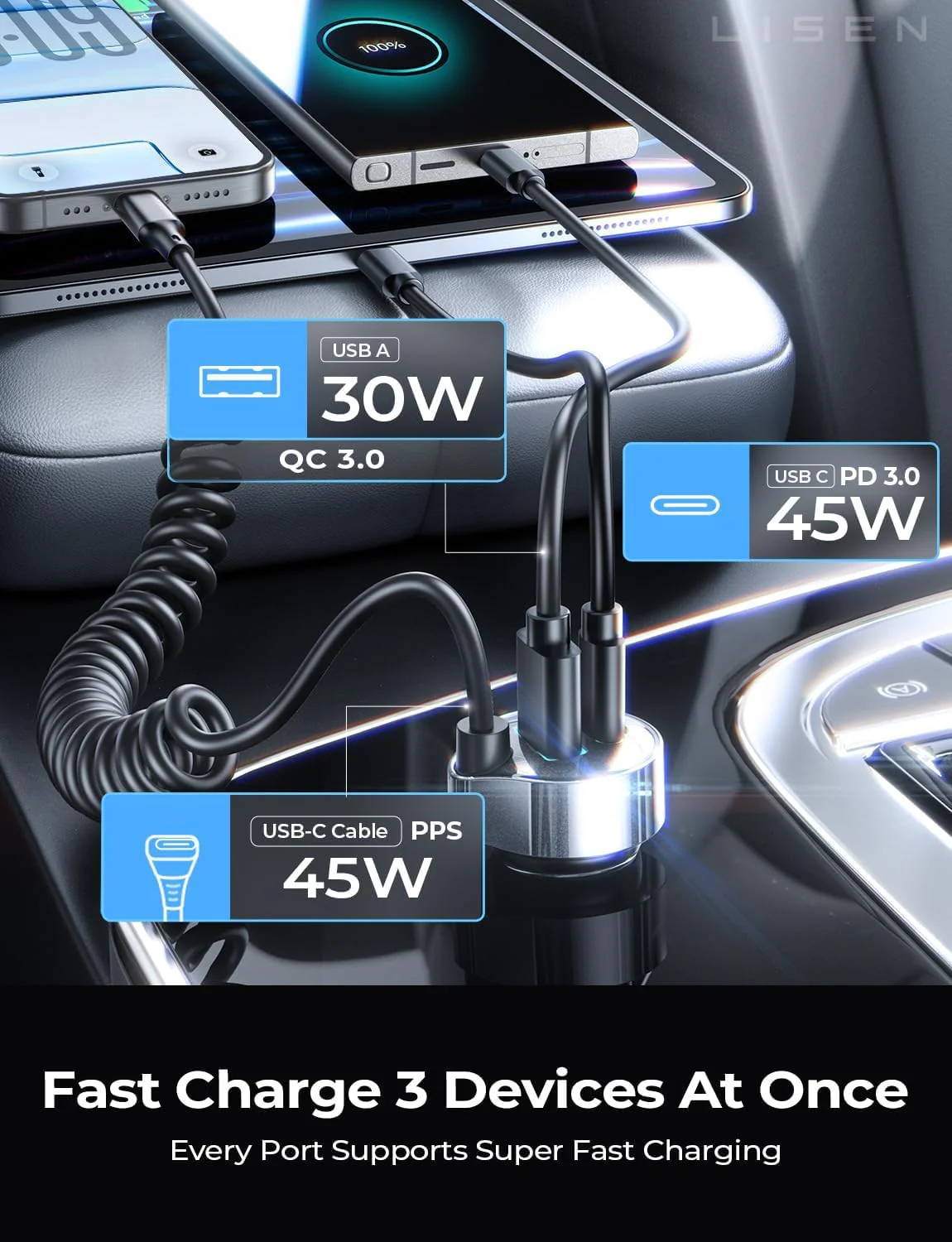 LISEN 90W USB-C Fast Car Charger - Image 3