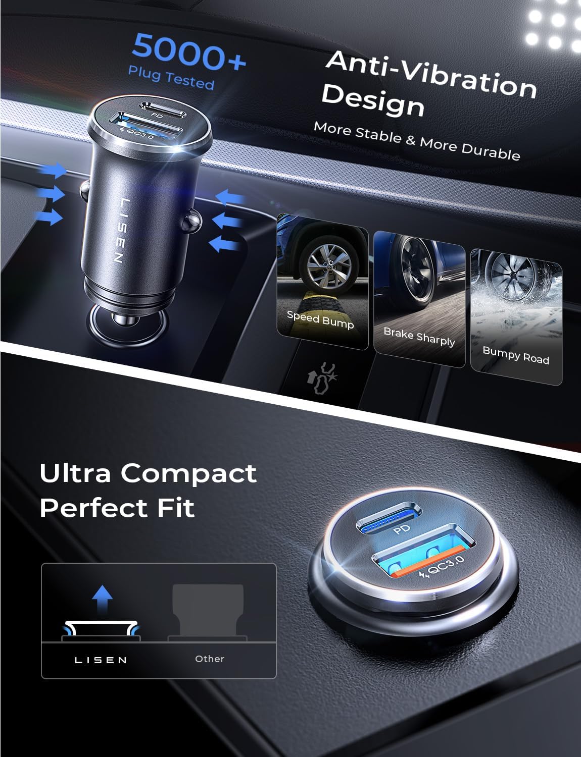 LISEN Car Charger USB C Super Mini Fast Charging PD36W&QC3.0 18W Dual Port - Image 2