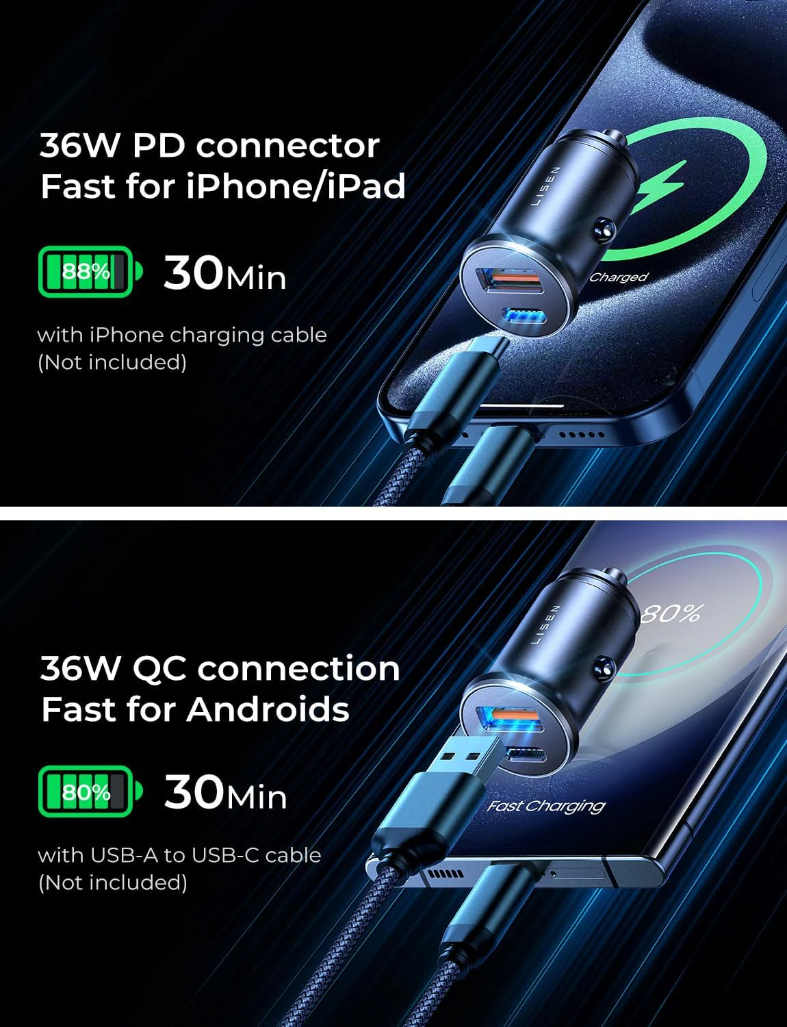LISEN Car Charger USB C Super Mini Fast Charging PD36W&QC3.0 18W Dual Port - Image 7