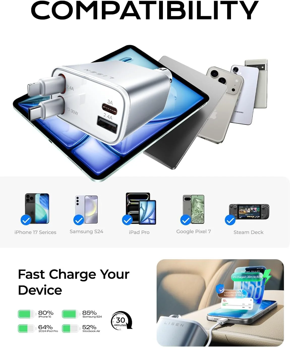 LISEN for iPhone 17 Retractable Car Charger - Image 5