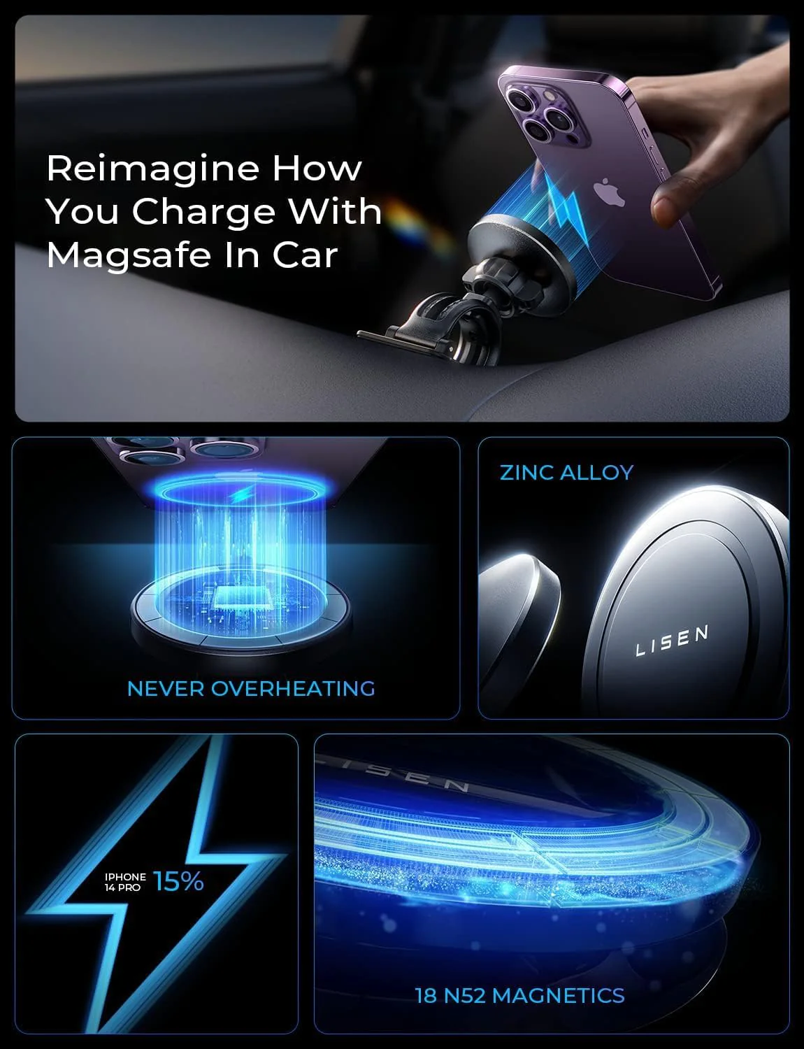 LISEN for MagSafe Car Mount Charger, 15W Wireless - Image 4