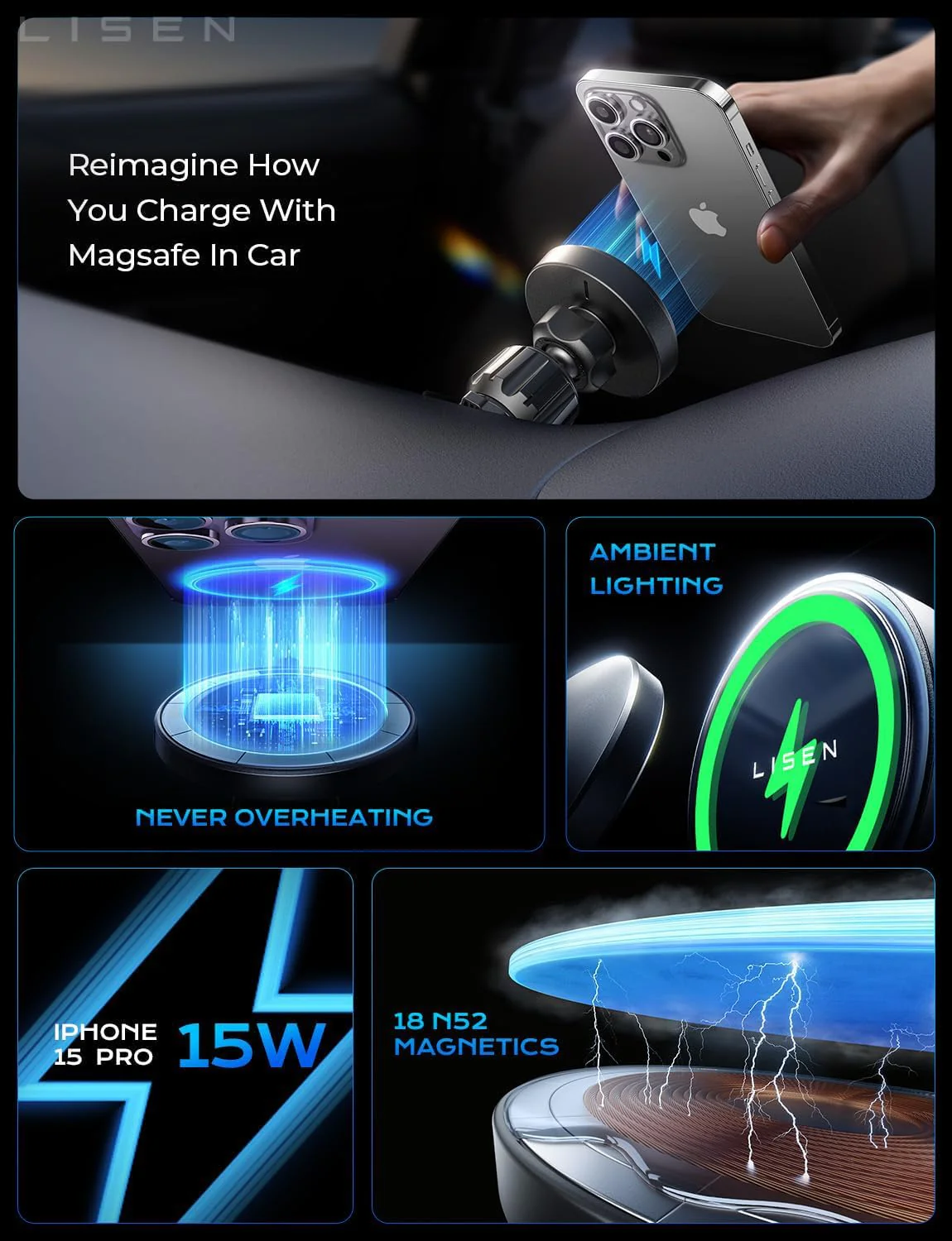 LISEN for 15W MagSafe Car Mount Charger,Magnetic Wireless Car Charger for iPhone 17 Pro Max Accessories,Magnetic Phone Holder for iPhone 17-12,Samsung,Pixel 9,Jeep Ford F150 Accessories,Gifts - Image 3