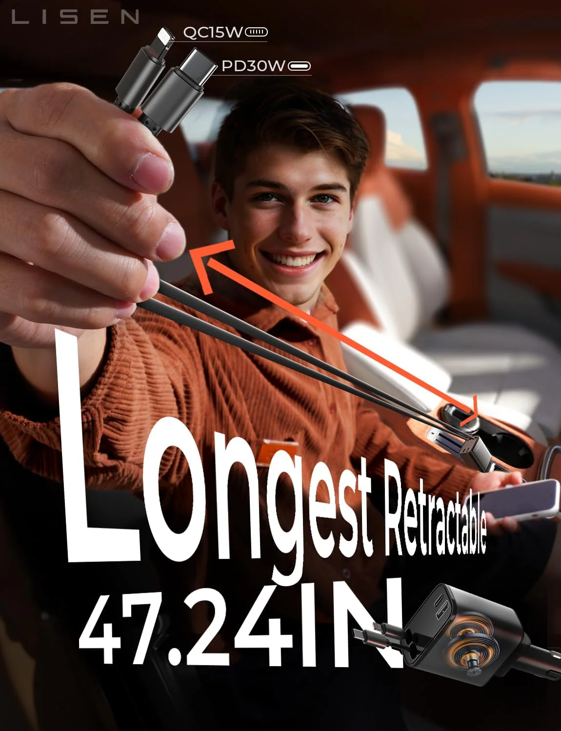 LISEN Long Retractable Car Charger 4 in 1 (47.2in Cable) - Image 2
