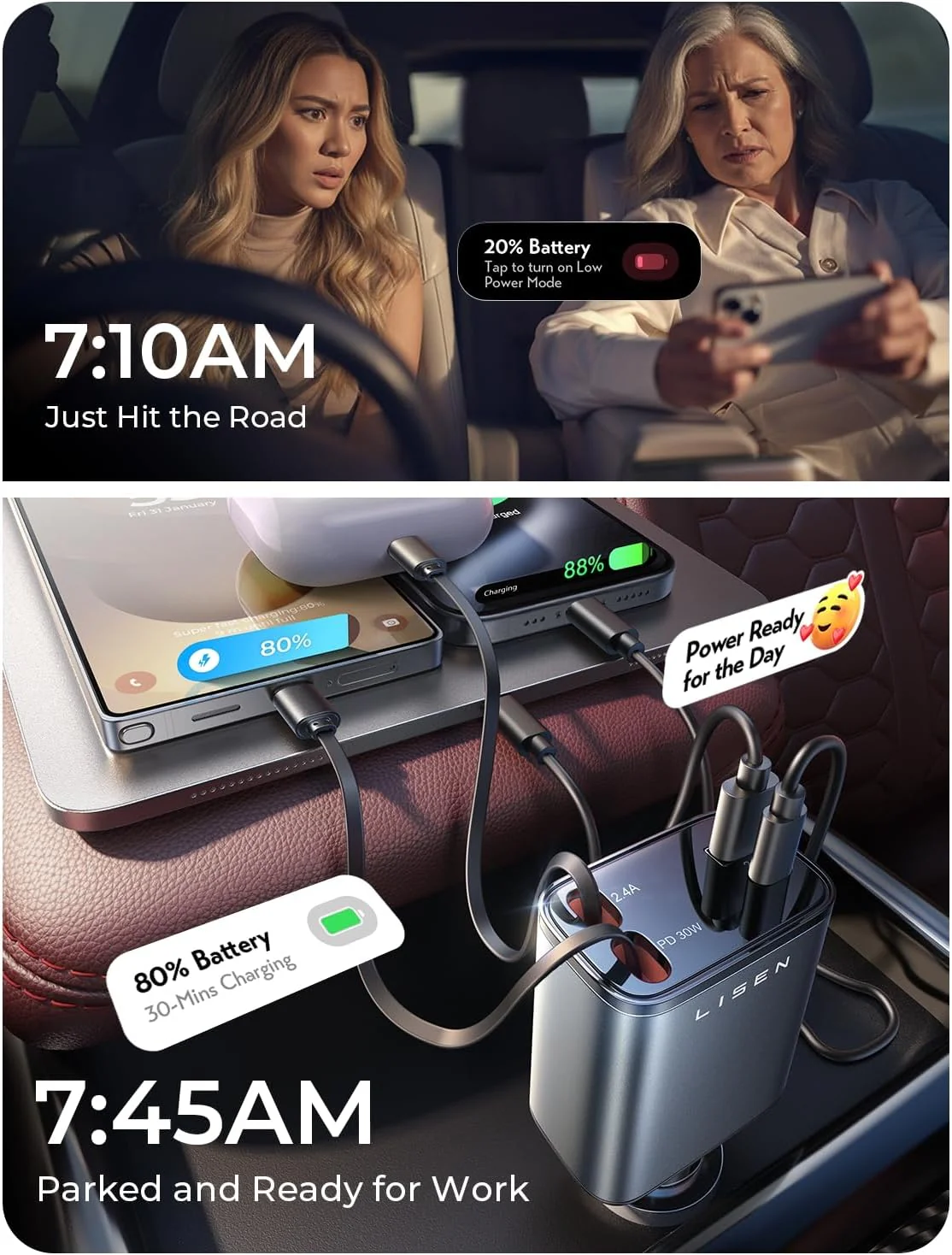 LISEN Long Retractable Car Charger 4 in 1 (47.2in Cable) - Image 5