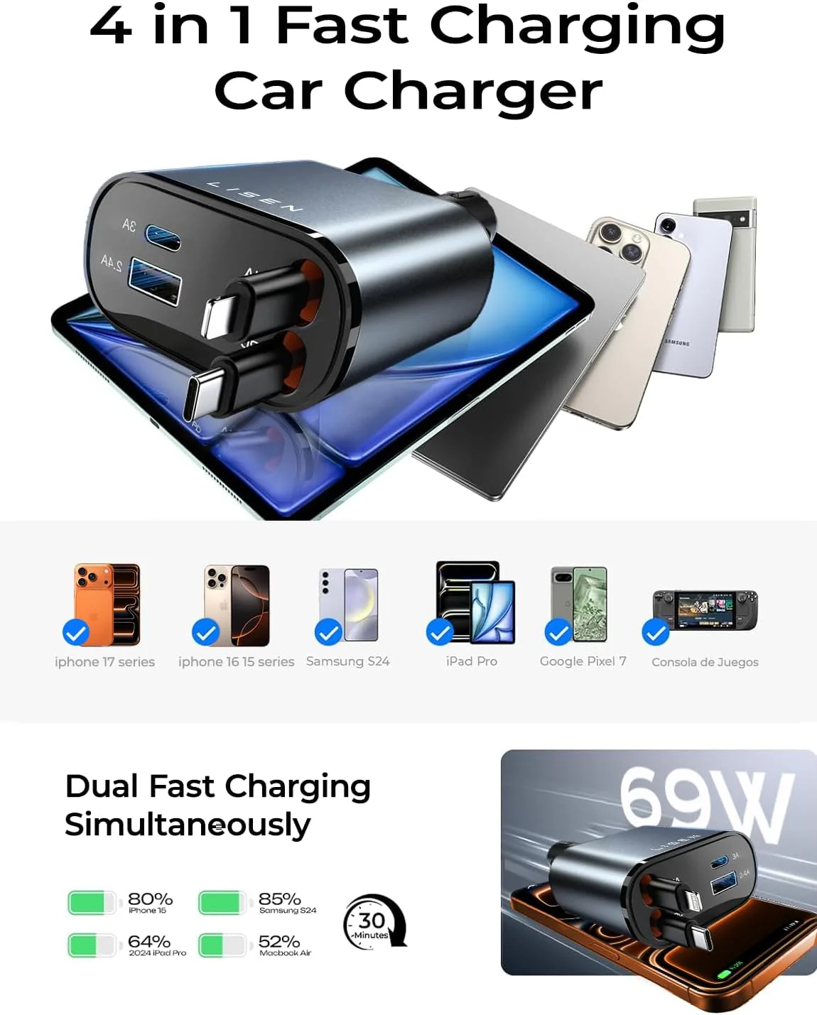 LISEN Long Retractable Car Charger 4 in 1 (47.2in Cable) - Image 7