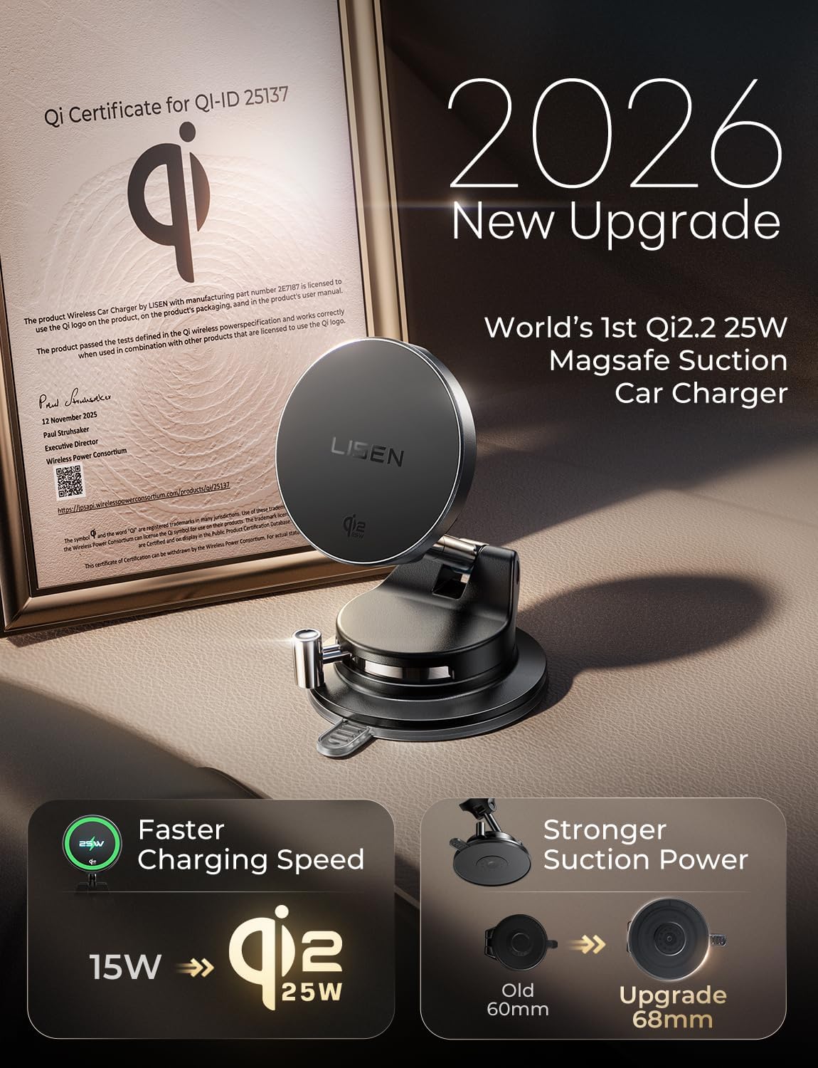 LISEN Qi2.2 25W Magsafe Car Mount Charger - Image 3