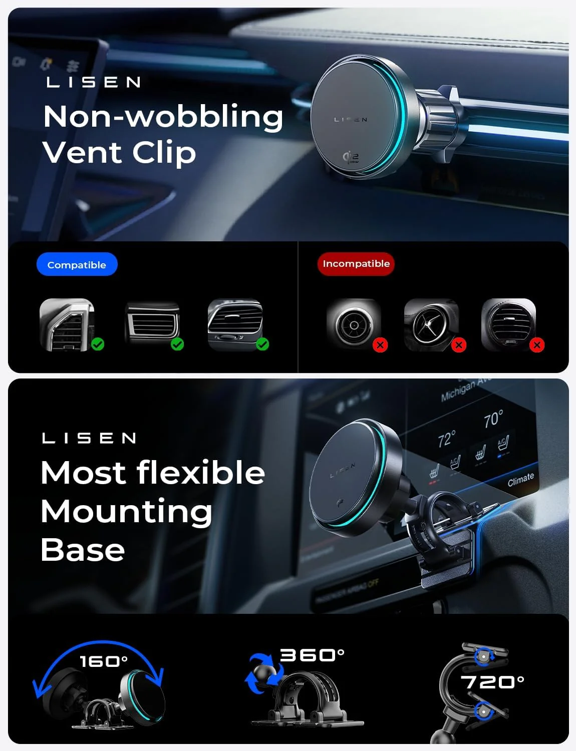 LISEN Qi2.2 25W MagSafe Car Mount Charger with Cooling Fan - Image 5