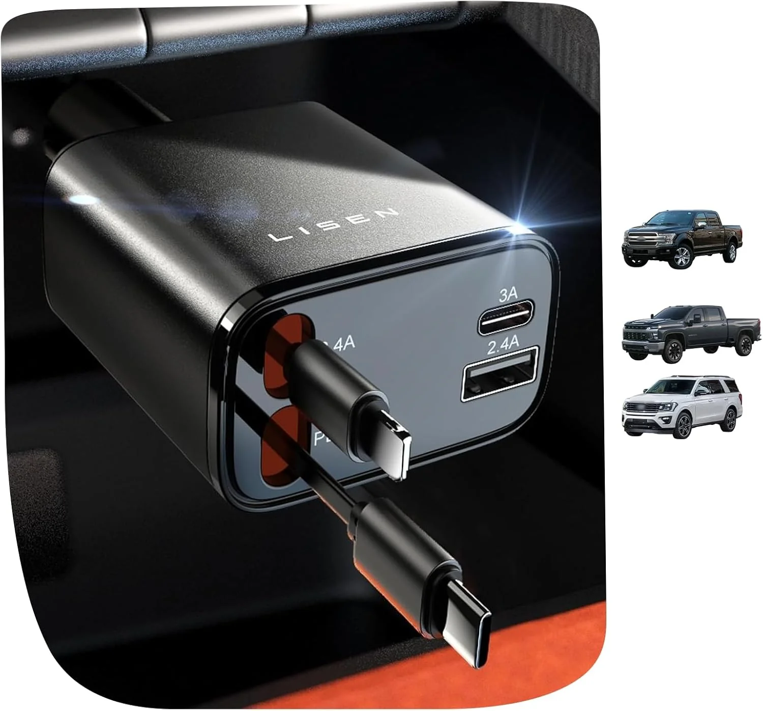 LISEN Retractable Car Charger, [2026 Upgrade 50 inch ] Long 4 in 1 Retractable Cable Car Charger