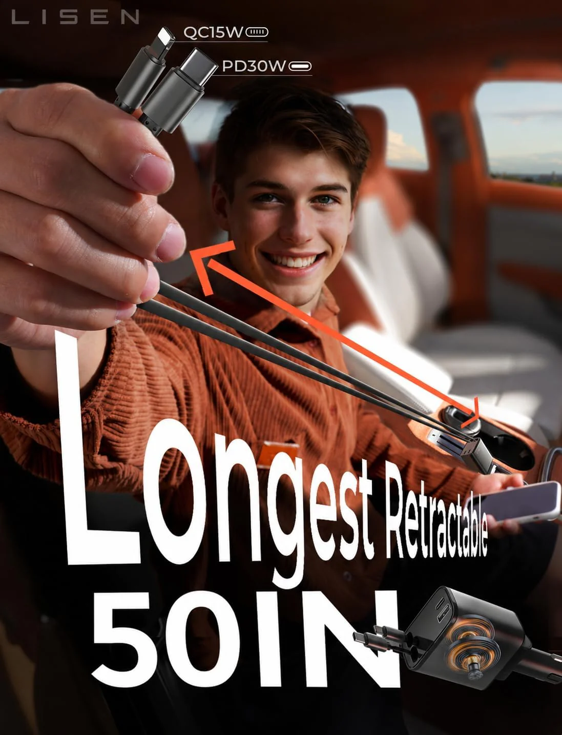 LISEN Retractable Car Charger, [2026 Upgrade 50 inch ] Long 4 in 1 Retractable Cable Car Charger - Image 2