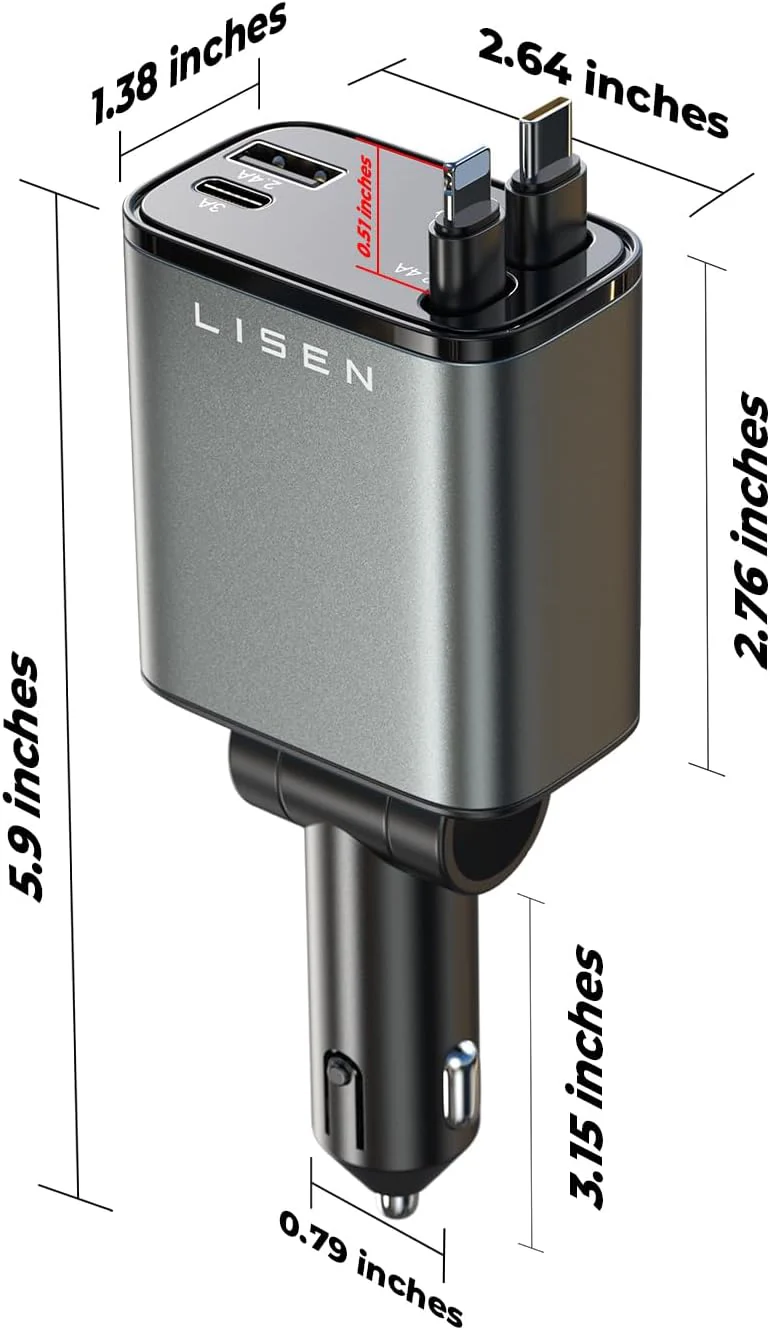 LISEN Retractable Car Charger, [2026 Upgrade 50 inch ] Long 4 in 1 Retractable Cable Car Charger - Image 8