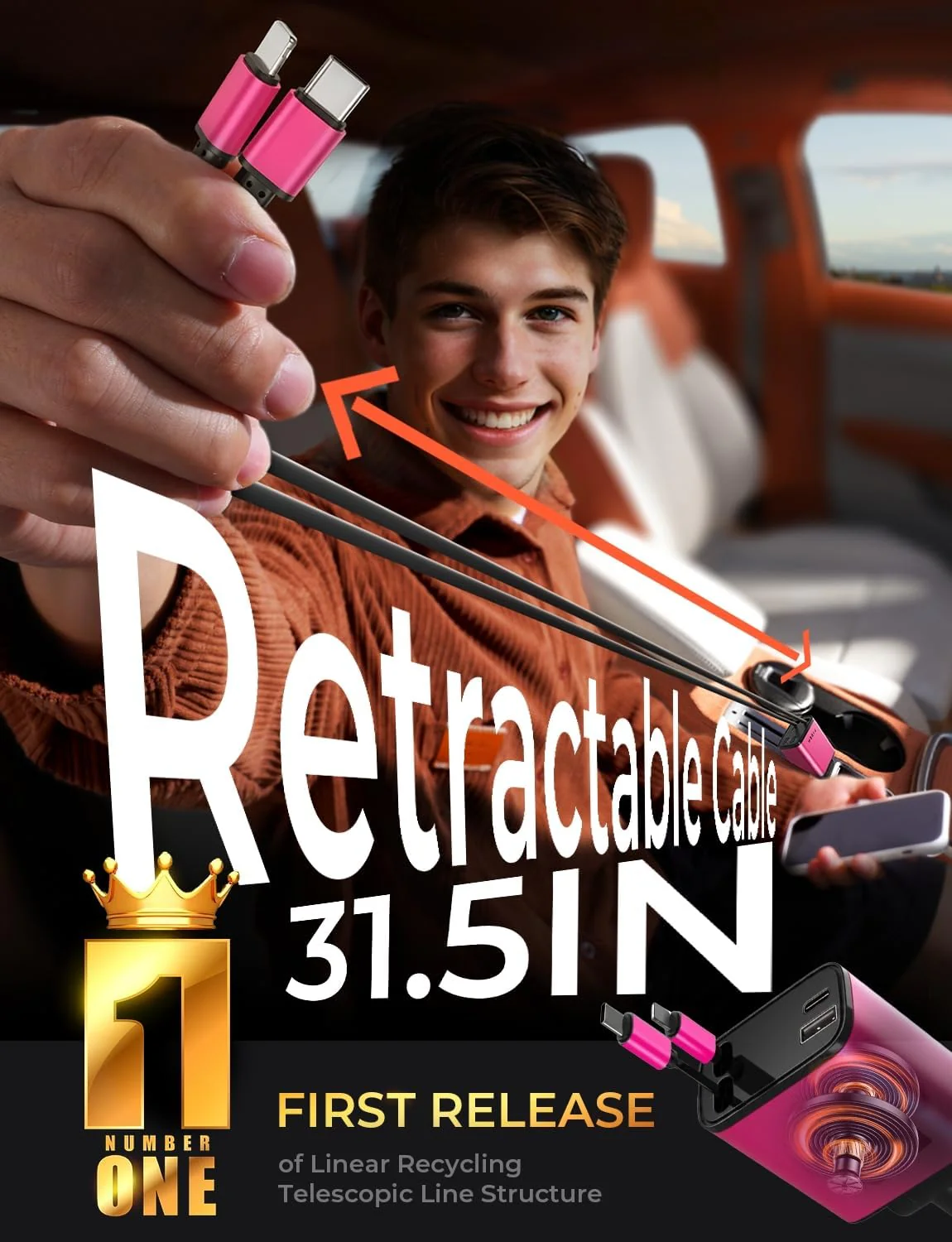 LISEN Retractable Car Charger 4 in 1, Fast Car Phone Charger with Cord 31.5inch - Image 3