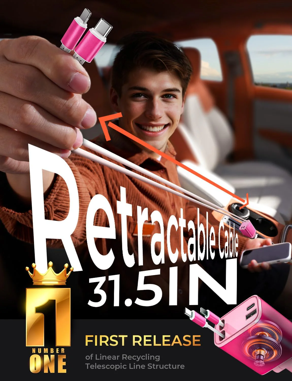 LISEN Retractable Car Charger, 84W Fast Charging Car Phone Charger - Image 3