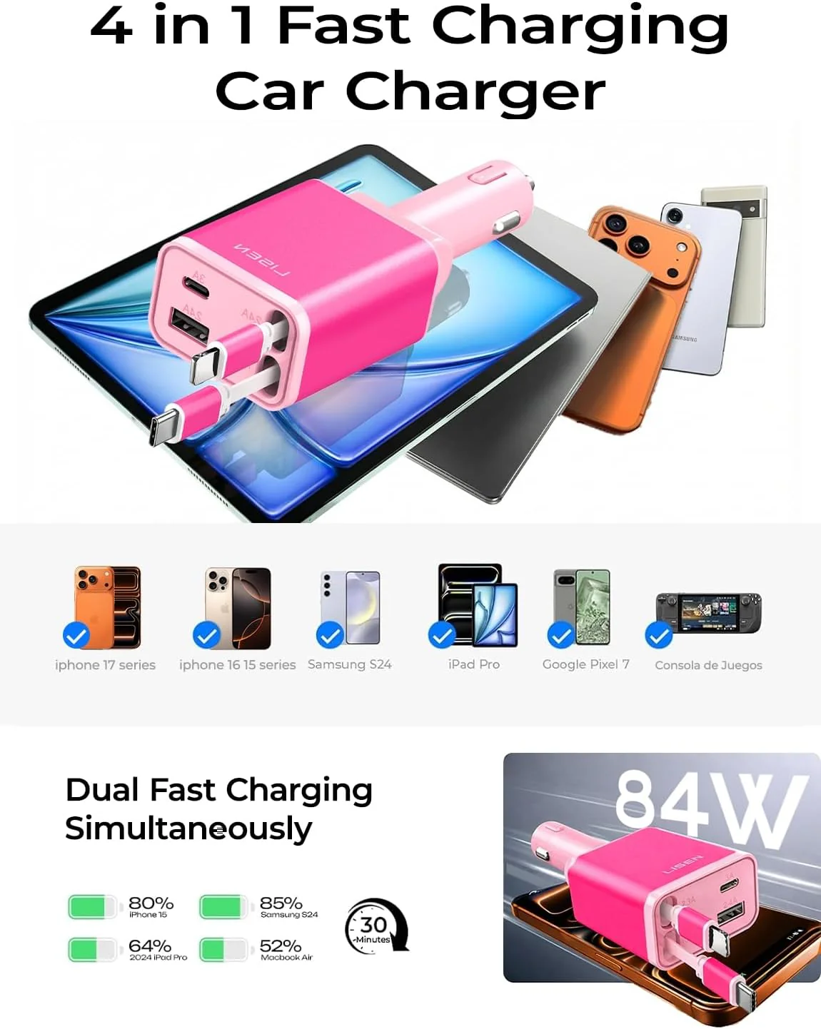 LISEN Retractable Car Charger, 84W Fast Charging Car Phone Charger - Image 6