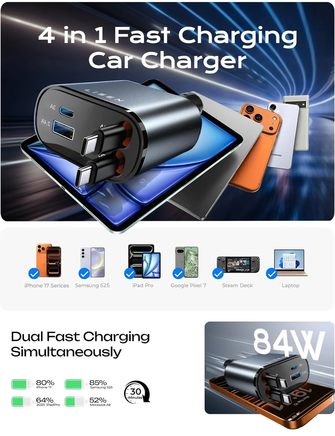 LISEN Retractable Car Charger, Dual USB C Retractable Cable Fast Car Adapter - Image 5