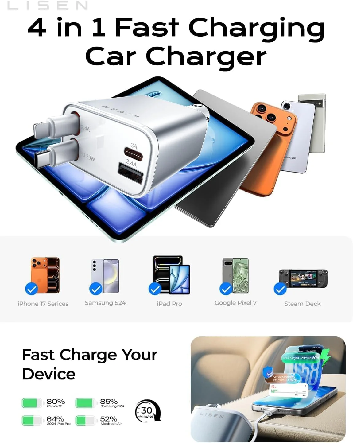 LISEN Retractable Car Charger for iPhone - Image 6