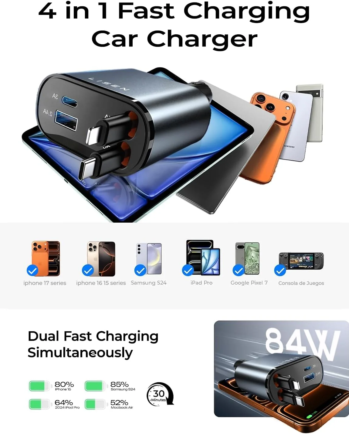 LISEN Retractable 84W Fast Car Charger - Image 8