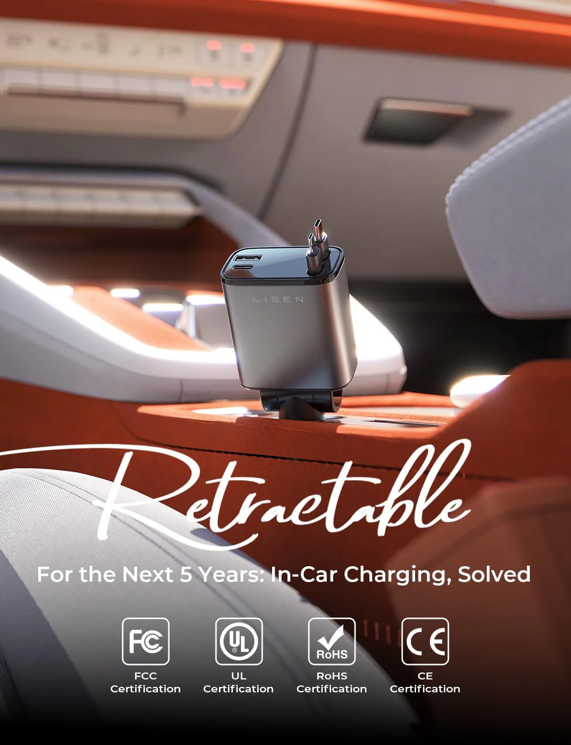 LISEN Retractable Car Charger USB C [Upgraded Dual Type C] 75W Fast 4 in 1 Car Charger for iPhone 17, Road Trip Essentials Gifts for Men Women, Car Accessories for Galaxy S26 Phone 17e 16 15 Pro Max - Image 2