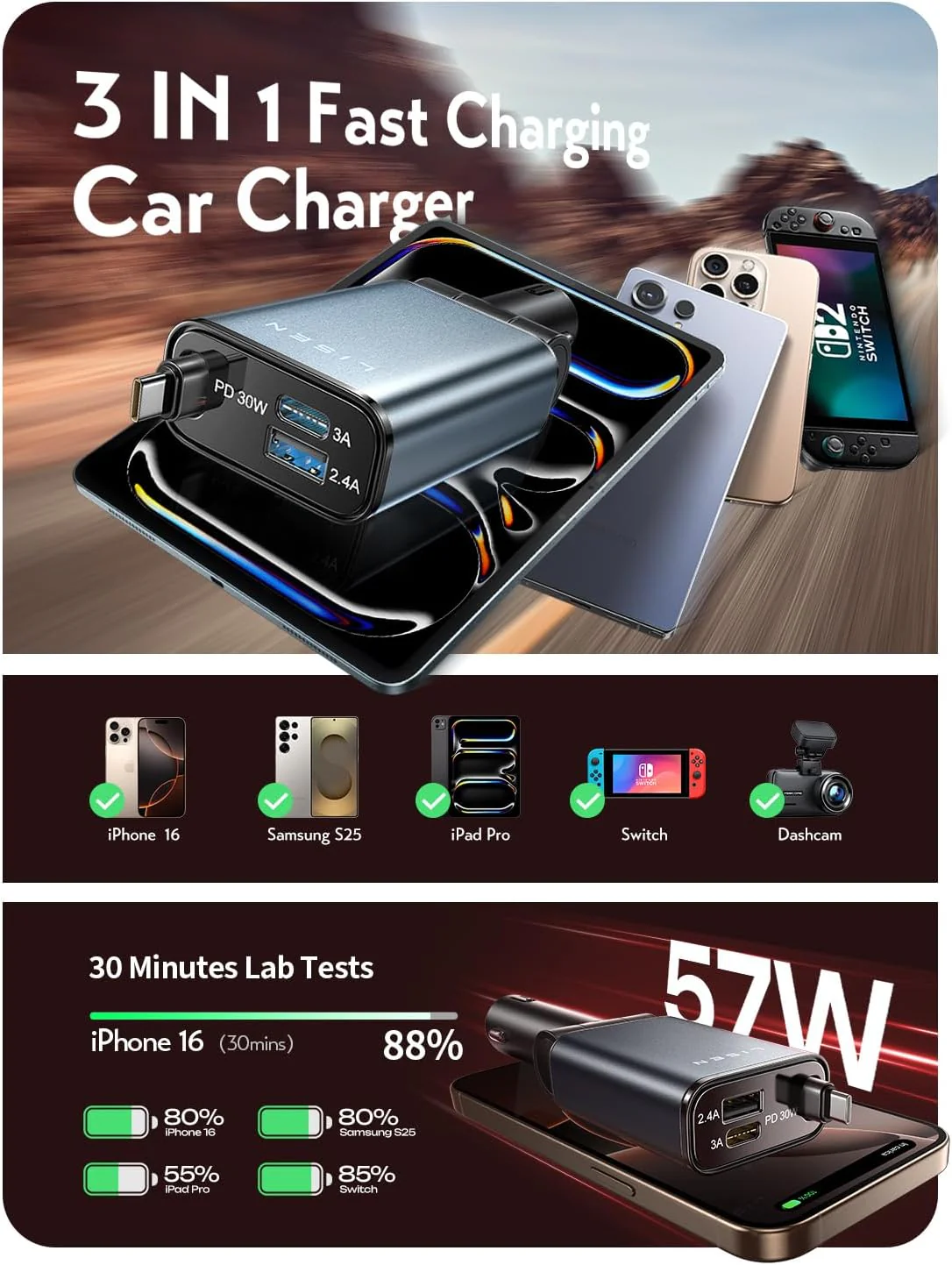LISEN Retractable USB C Fast Car Charger - Image 4