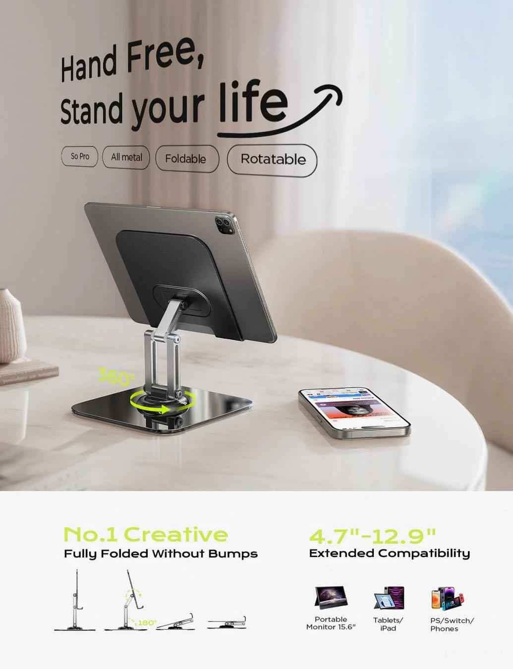 LISEN Soporte para Tablet 360° Metálico Base para iPad Stand de Escritoric Ajustable Soporte para Celular and Kindle - Image 2