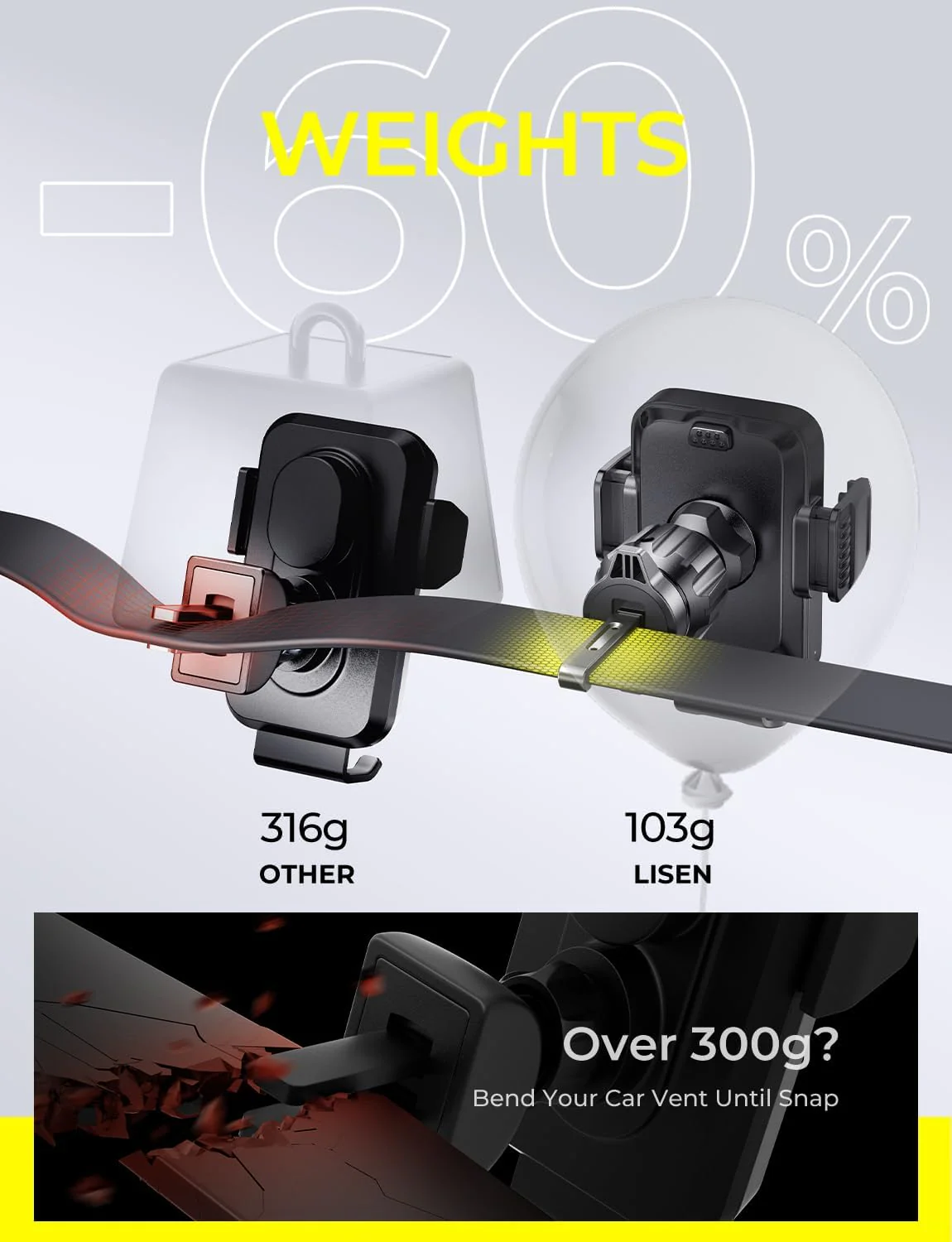 LISEN Wireless Car Charger 15W Fast Charging Air Vent Phone Mount - Image 5